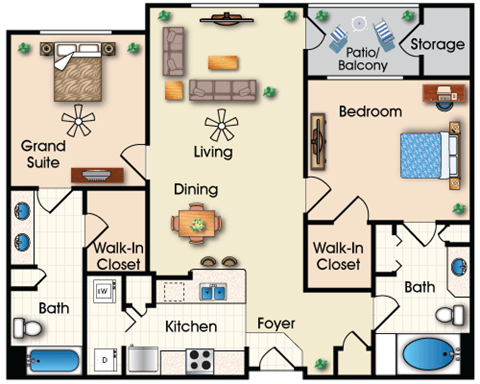 Floor plan for 2 beds, 2 baths, 1120 sqft